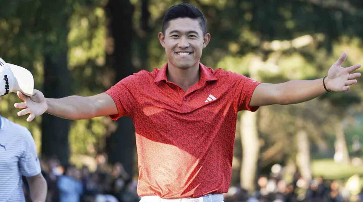 Collin Morikawa gestures to his wife Katherine Zhu, not pictured, after winning the PGA Tour Zozo Championship at the Narashino Country Club in Inzai on the outskirts of Tokyo, Sunday, Oct. 22, 2023.
